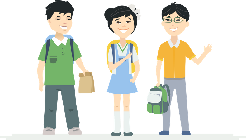 Happy little boys and a girl, students with backpacks waving hands and smiling  Illustration