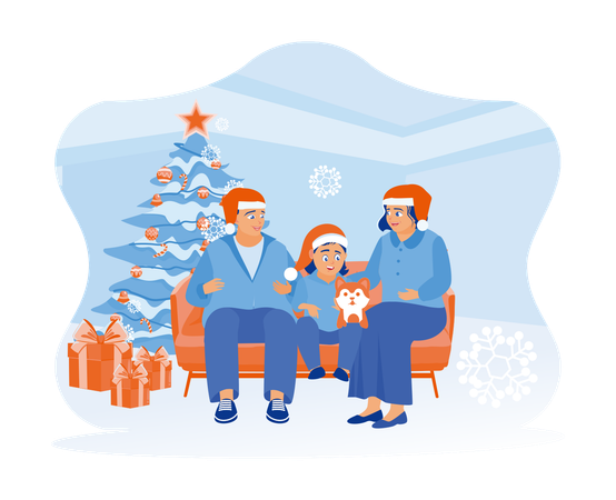 Happy little family with cute pet dog sitting together on the sofa celebrate Christmas Eve  イラスト
