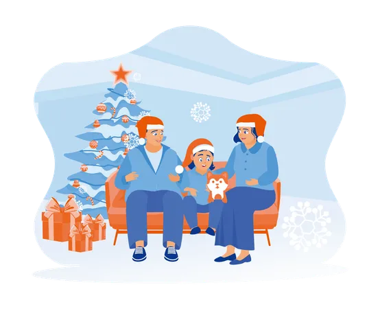 Happy little family with cute pet dog sitting together on the sofa celebrate Christmas Eve  Illustration