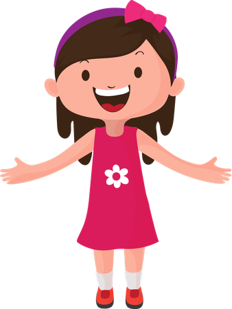 Happy Little Girl Character Wearing Pink Dress, Bow Hairband and Open Arms Vector Illustration.  Illustration