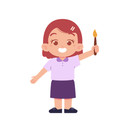 Happy Little Girl Holding Paint Brush In Right Hand  イラスト