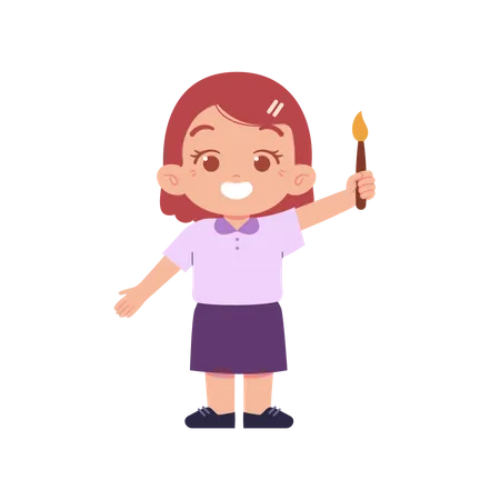 Happy Little Girl Holding Paint Brush In Right Hand  イラスト