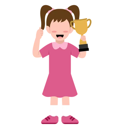 Happy Little Girl Holding Trophy  Illustration