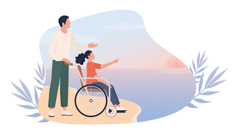 Happy little girl on wheelchair with her father on a beach  Illustration