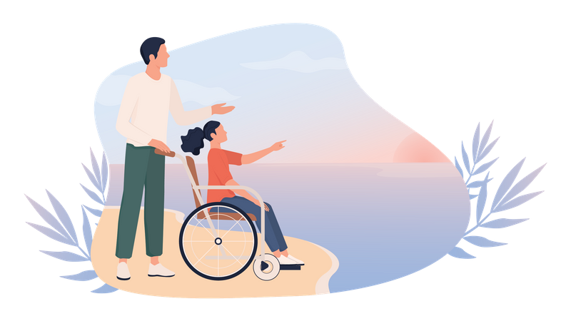 Happy little girl on wheelchair with her father on a beach Illustration