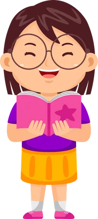 Happy little Girl Reading Book  Illustration