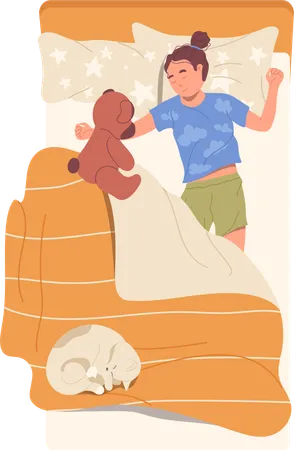 Happy little girl sleeping in bed  Illustration