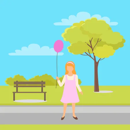 Happy little girl with air balloon  Illustration