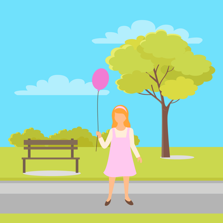 Happy little girl with air balloon  Illustration