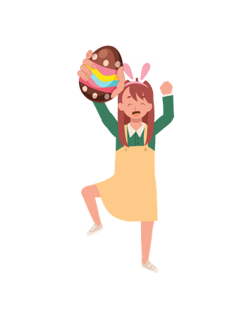 Happy Little girl with bunny ears holding Easter egg  Illustration