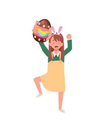 Happy Little girl with bunny ears holding Easter egg  Illustration
