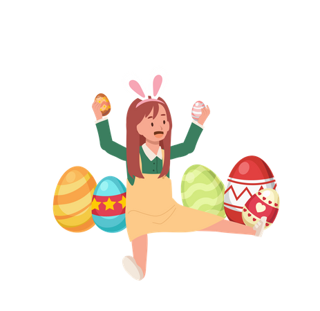 Happy Little girl with bunny ears is holding Easter egg in both hands while surrounding in another easter eggs  Illustration