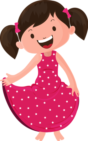 Happy Little Girl with Two Ponytails in Pink Dotted Frock  Illustration