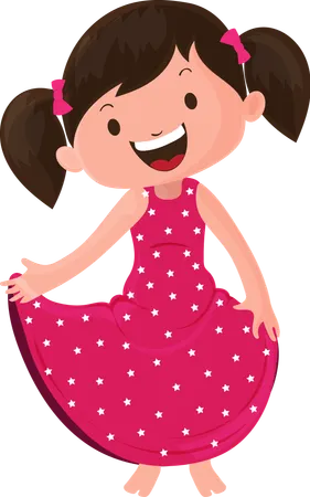 Happy Little Girl with Two Ponytails in Pink Dotted Frock  Illustration