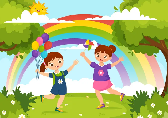 Happy Little Girls  Illustration