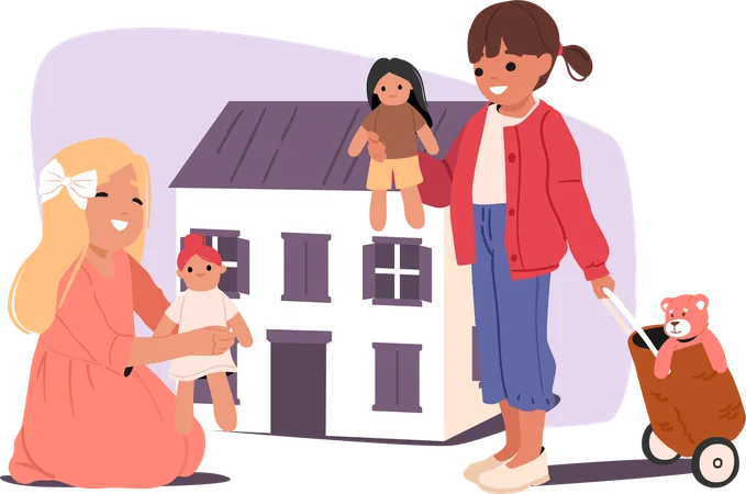 Happy little girls friends playing dolls and dollhouse at home or in kindergarten  Illustration