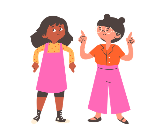 Happy little girls pointing finger to something  Illustration