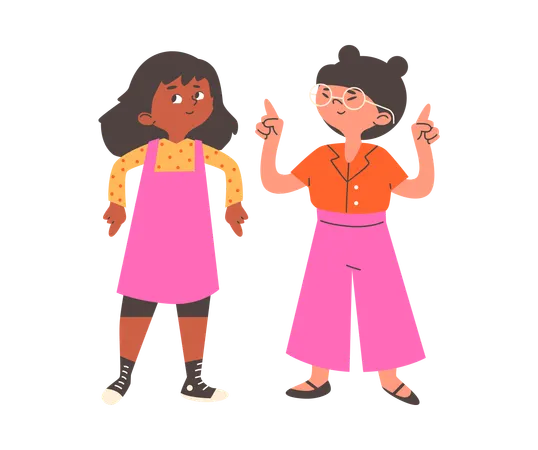 Happy little girls pointing finger to something  Illustration