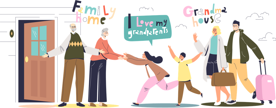 Happy little kids and parents visiting grandmother and grandfather  Illustration