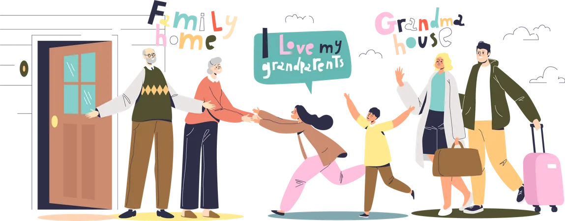 Happy little kids and parents visiting grandmother and grandfather Illustration