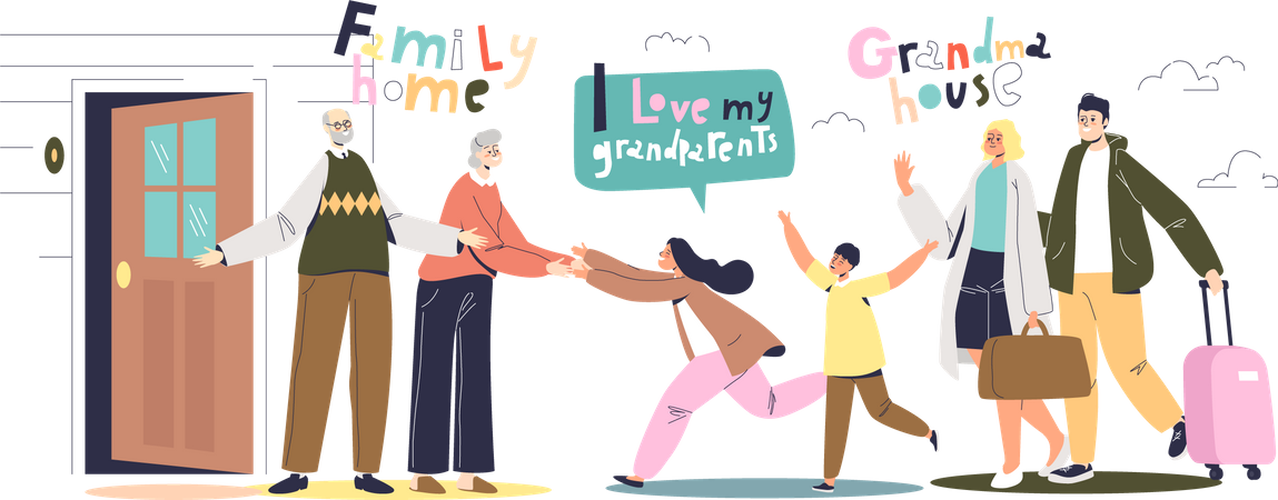 Happy little kids and parents visiting grandmother and grandfather  Illustration