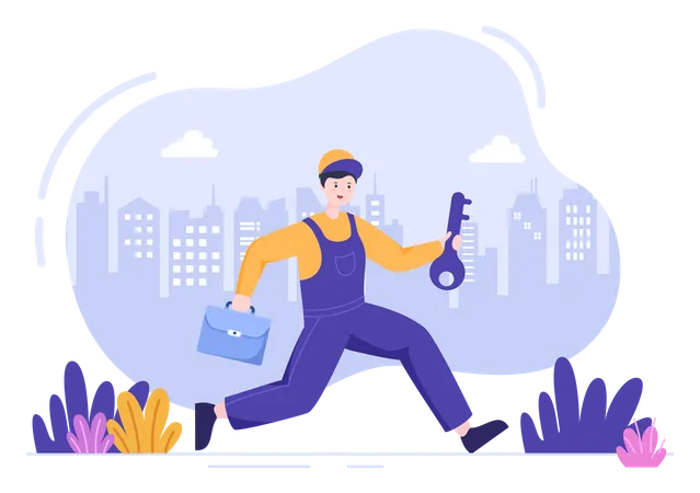 Locksmith Repairman Home Maintenance Repair And Installation Service With Equipment As Screwdriver Or Key In Flat Cartoon Background Illustration イラスト