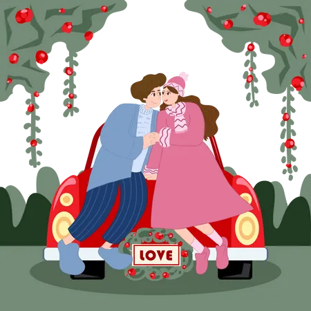 Happy lovers sitting on top of the car  Illustration
