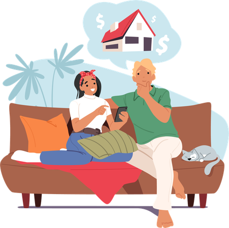 Happy loving couple dreaming about new home sitting on couch searching real estate on internet  Illustration