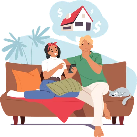 Happy loving couple dreaming about new home sitting on couch searching real estate on internet  Illustration