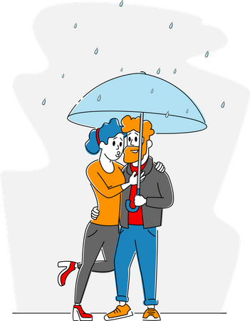 Happy Loving Couple Hugging Walking in Rainy Weather under Umbrella Illustration