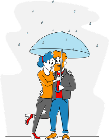 Happy Loving Couple Hugging Walking in Rainy Weather under Umbrella  Illustration