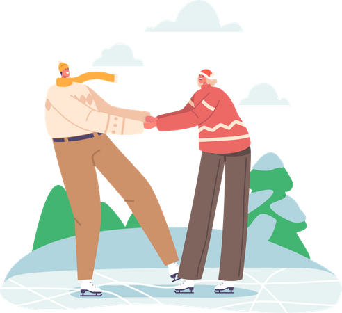 Happy Loving Couple in Warm Clothes Holding Hands Skating Outdoors on Frozen Pond Illustration