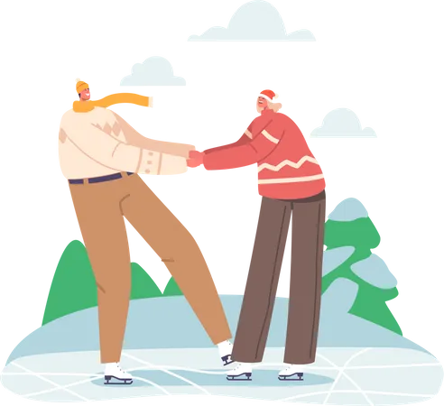 Happy Loving Couple in Warm Clothes Holding Hands Skating Outdoors on Frozen Pond  Illustration