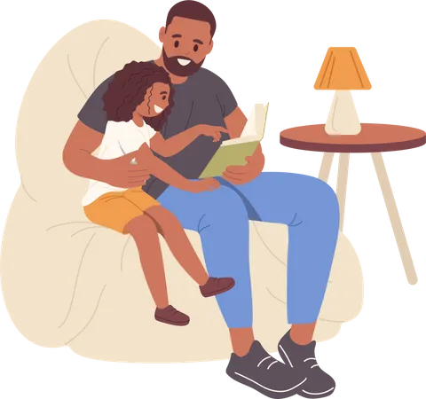 Happy Loving Daddy Reading Stories In Book With Little Smart Daughter Child While Sitting In Armchair At Home Living Room Vector Illustration Father Day Parenting And Strong Relationships Concept Illustration