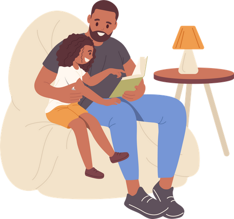 Happy loving father reading book with little smart daughter while sitting in armchair at home  Illustration