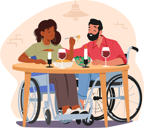 Happy loving married couple with physical injury sitting in wheelchair having dinner in restaurant  Illustration