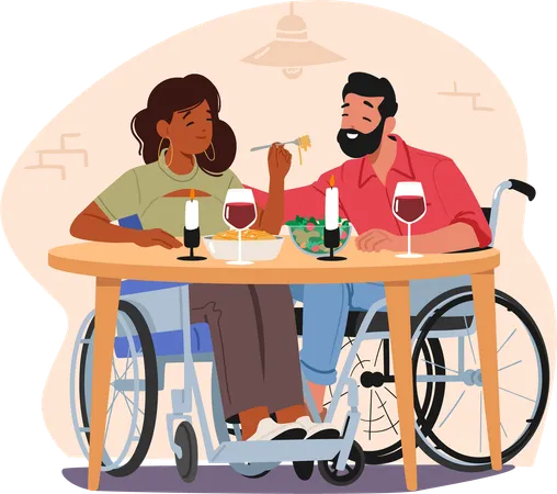 Happy loving married couple with physical injury sitting in wheelchair having dinner in restaurant  Illustration