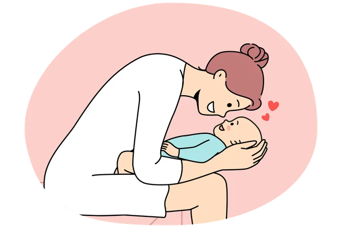 신생아와 놀고 있는 행복한 사랑스러운 젊은 엄마  일러스트레이션