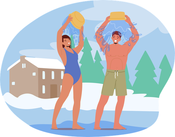 Happy Male and Female Enjoying Ice Water Pouring In Winter Setting For Health Benefits And Strengthening  Illustration