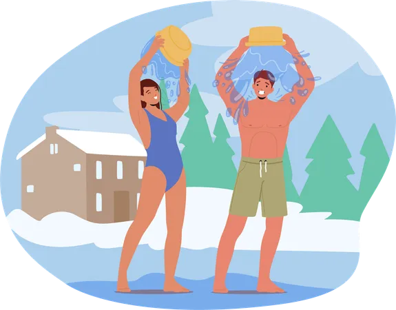 Happy Male and Female Enjoying Ice Water Pouring In Winter Setting For Health Benefits And Strengthening  Illustration