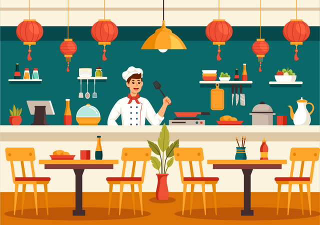 Happy male chef cooking food at Vietnam restaurant  Illustration