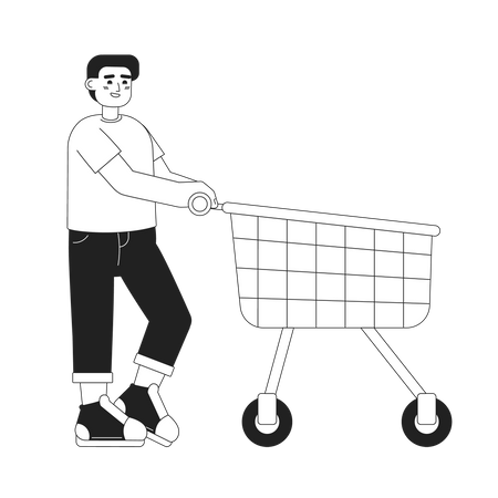 Happy male customer pushing shopping trolley  Illustration