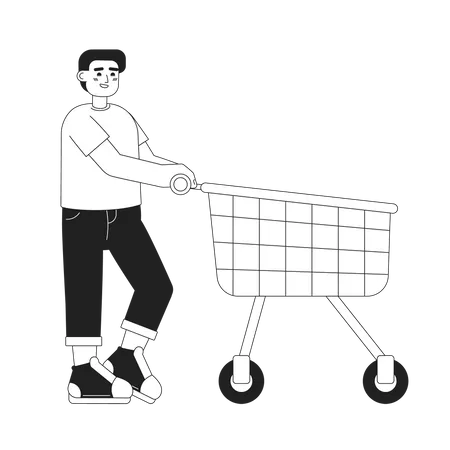 Happy male customer pushing shopping trolley  Illustration