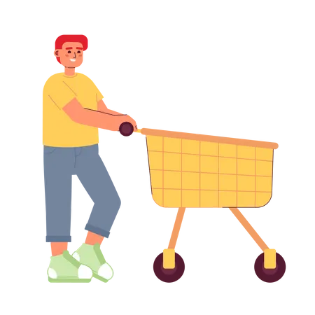 Happy male customer pushing shopping trolley  Illustration