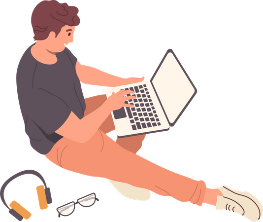 Happy male freelancer working on laptop Illustration