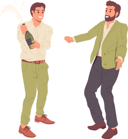 Happy male friends celebrating success uncorking bottle of champagne  イラスト