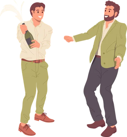 Happy Male Friends Cartoon Characters Celebrating Success Uncorking Bottle Of Champagne Standing Isolated On White Background Handsome Guys Congratulating Each Other Having Fun Vector Illustration Illustration