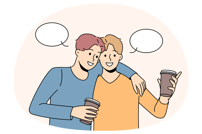 Happy male friends hugging drinking coffee  Illustration