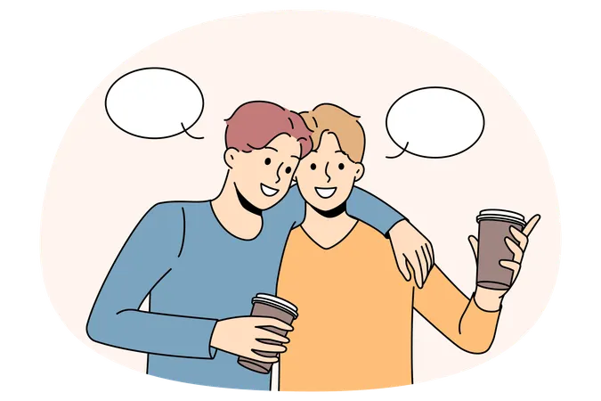 Happy male friends hugging drinking coffee  Illustration
