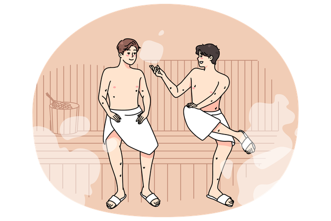 Happy male friends relax in sauna together  Illustration